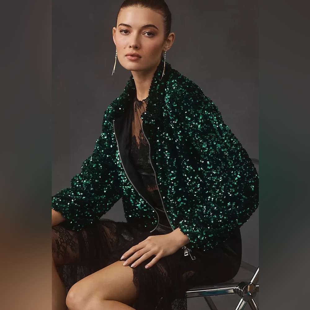 New Maeve x Anthropologie Emerald Green Sequin Wicked Bomber Jacket Coat sz XL